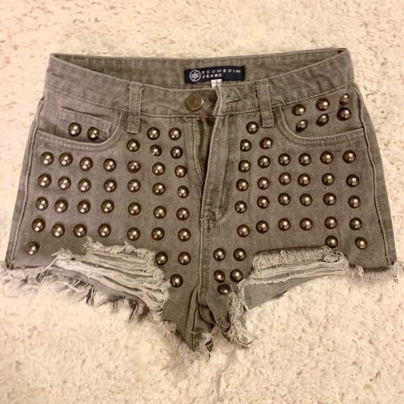 Boom Boom Jeans Pants - Studded Fringe - Distressed Gray Denim Jean Shorts